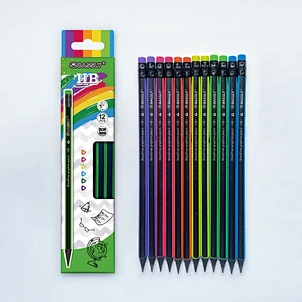 12pcs black body with neon color corner woodfree graphite pencil with eraser